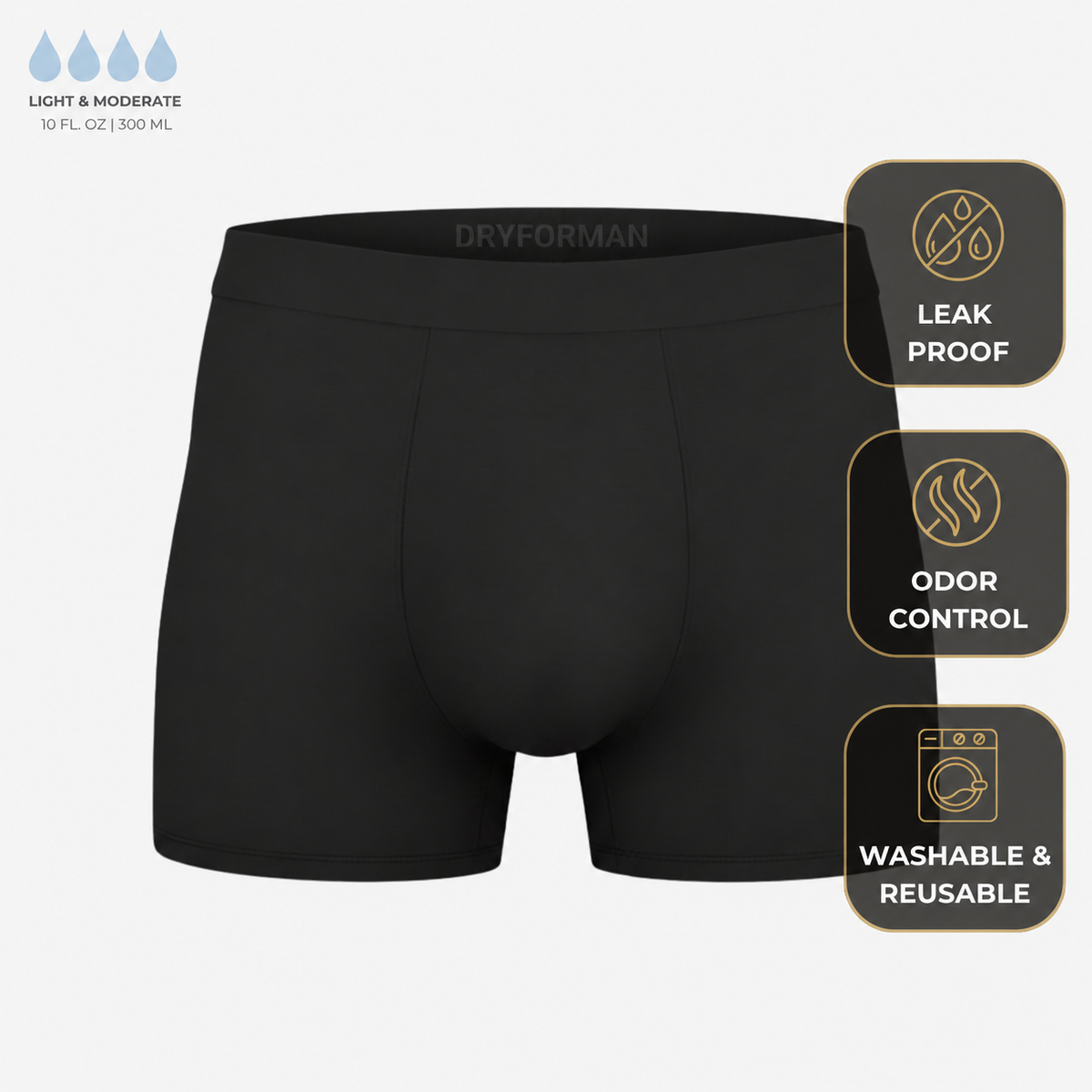 Black DRYFORMAN Men’s All-Day Protection Boxer Briefs