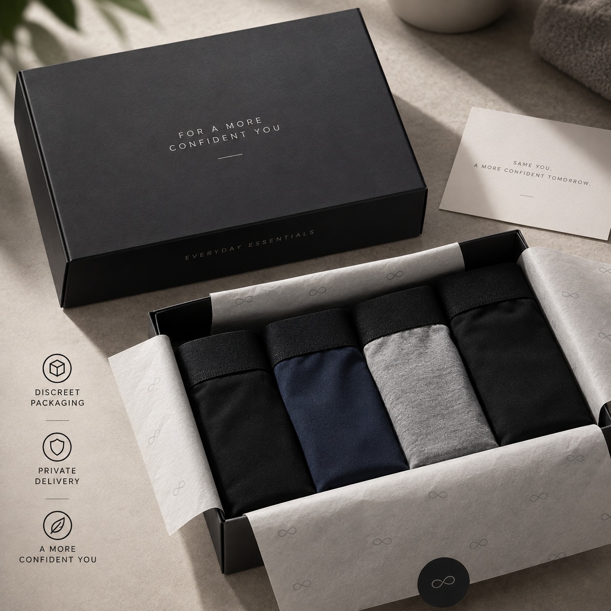 DRYFORMAN boxer briefs arranged in discreet premium packaging