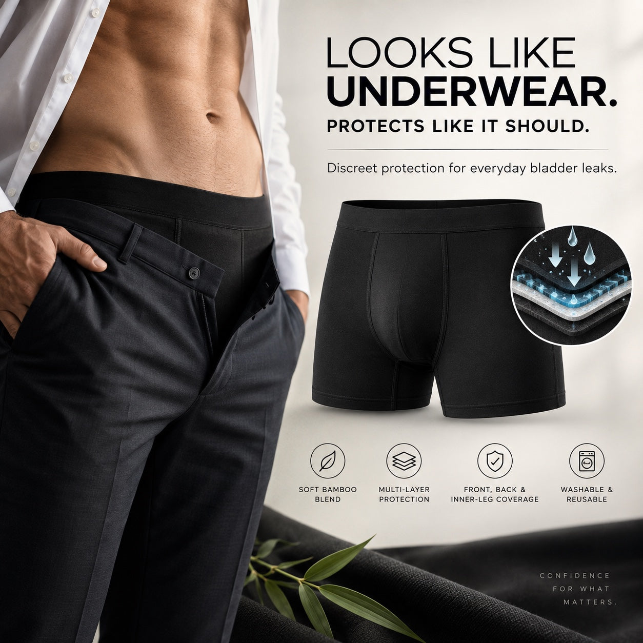 DRYFORMAN boxer briefs shown discreetly under trousers with protection details