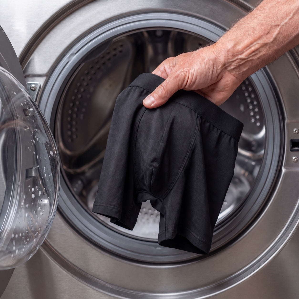 Black DRYFORMAN boxer briefs beside a washing machine