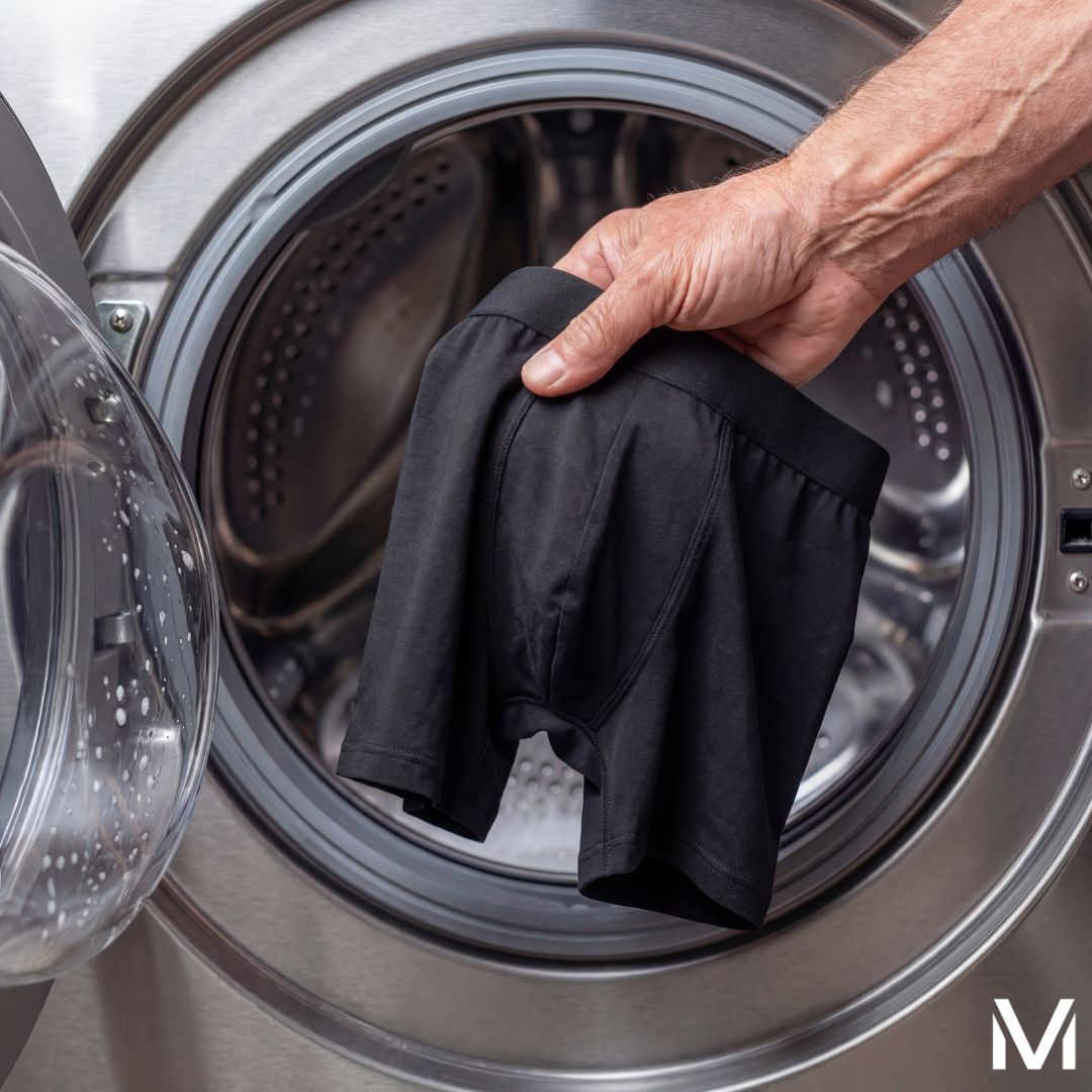 DRYFORMAN boxer briefs being placed into a washing machine